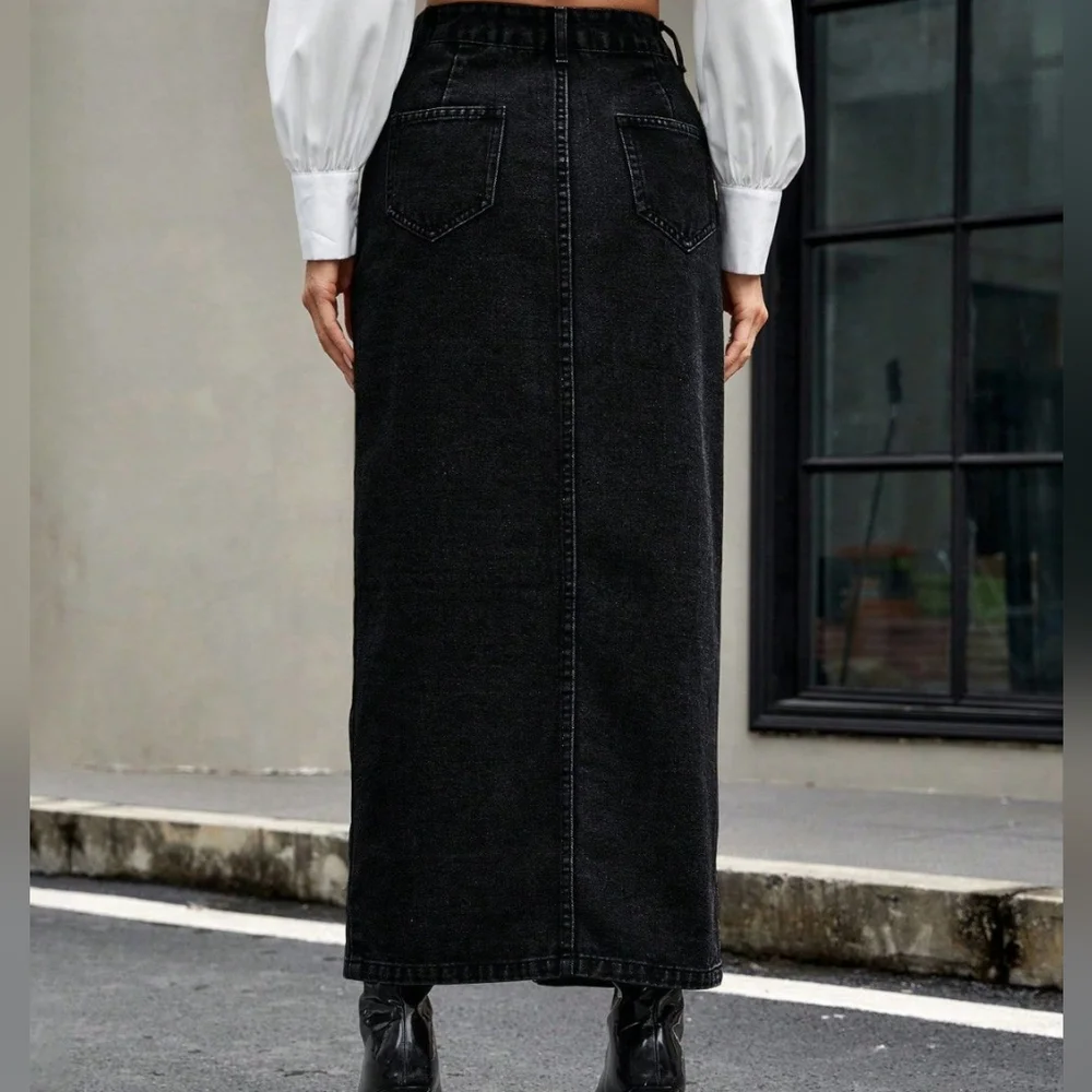 Black Button-Down Denim Skirt